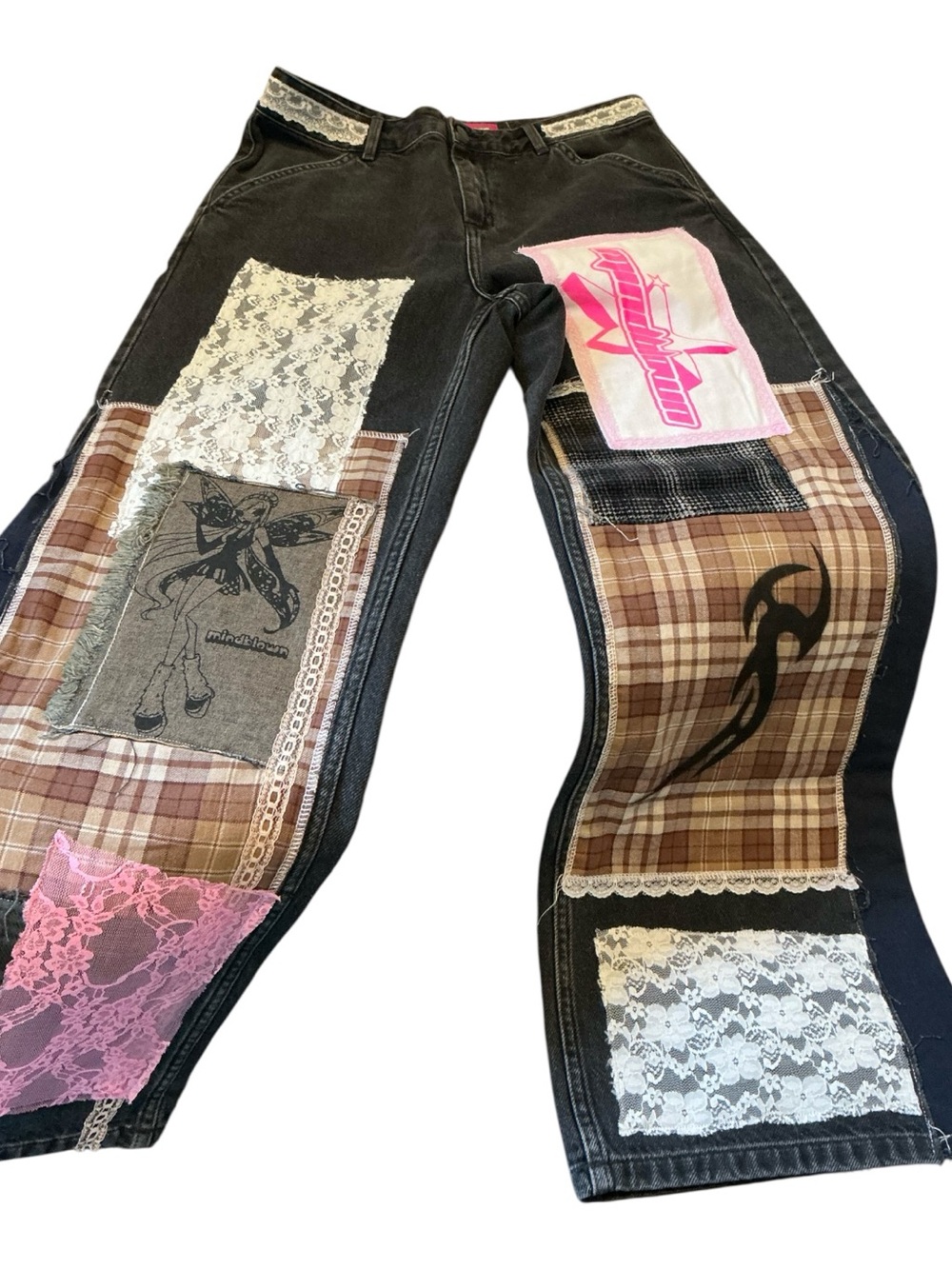 Carhartt Black Wide Leg Patchwork Jeans with Pink and Brown Accents